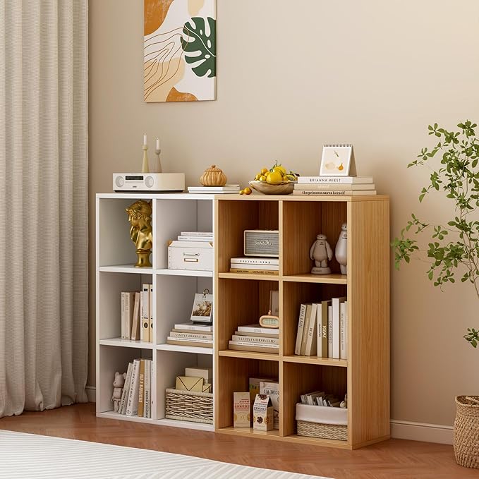 6-Cube Storage Shelf Bookcase - Wooden 3-Tier Floor Standing Open Bookshelf for Home and Office, Display Cabinet, Oak-Ruum Studio Home