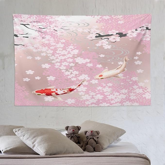 Houselerax Japanese Koi Fish Tapestry, Cherry Blossoms Asian Oriental Pink Flower Branch Koi Fish Carp Tapestries Wall Hanging for Bedroom Living Room Office Decor 90"x60"-Ruum Studio Home