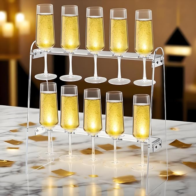 Tosnail 2-Tier Champagne Flute Glass Holder Stand, 10 Slots Champagne Flute Tabletop Stemware Hanging Display Rack for Party, Fits Up to 9 Inch Glasses-Ruum Studio Home