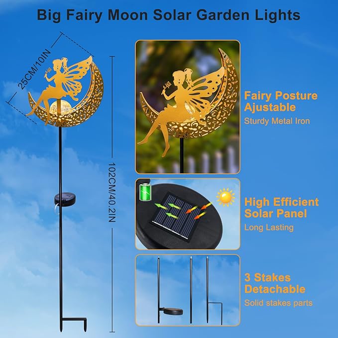Fairy Moon Solar Lights Outdoor Garden Gifts for Mom Yard Decorations Stakes Lights, Waterproof LED Outside Backard Decor, Lawn Patio Ornaments, Mothers Day Birthday Gifts for Mom (Gold,1Pack)-Ruum Studio Home