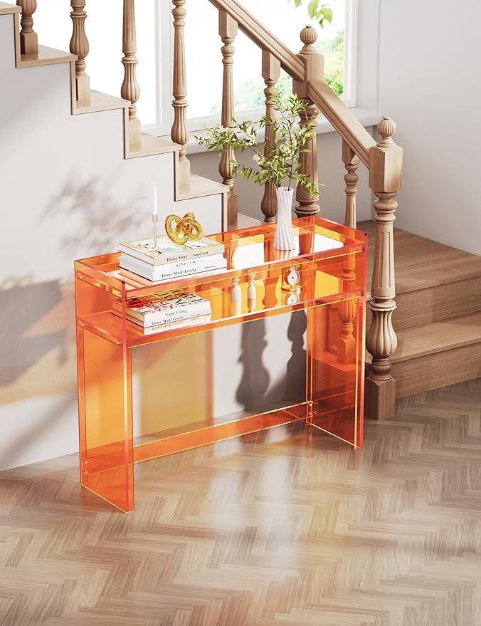 Acrylic Console Table, Entryway Table with Storage Shelves (1, 39.4 * 31.5 * 11.7 inches) (Orange)-Ruum Studio Home