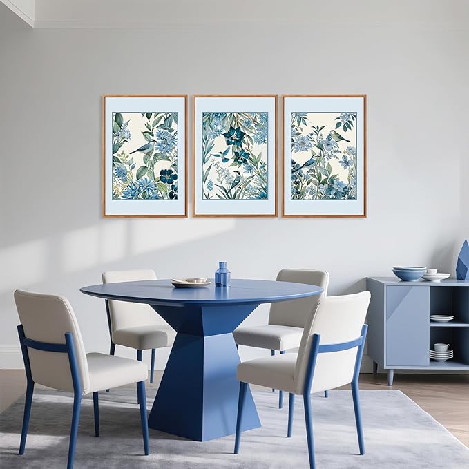 Aurlan Vintage Blue Birds and Botanical Framed Wall Art(24"x36"), 3PCS Classic Chinoiserie Audubon Bird Canvas Artwork, Large Abstract Watercolor Flowers Floral Home Decor for Bedroom Living Room-Ruum Studio Home