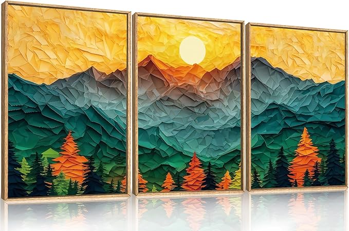 Celestdeco Abstract Mountain Framed Canvas Wall Art Set, Forest Pine Tree Golden Sunset Wall Decor, Mixed Patchwork Landscape Art Print for Living Room, Bedroom, Dining Room, Office - 24"x36"x3-Ruum Studio Home