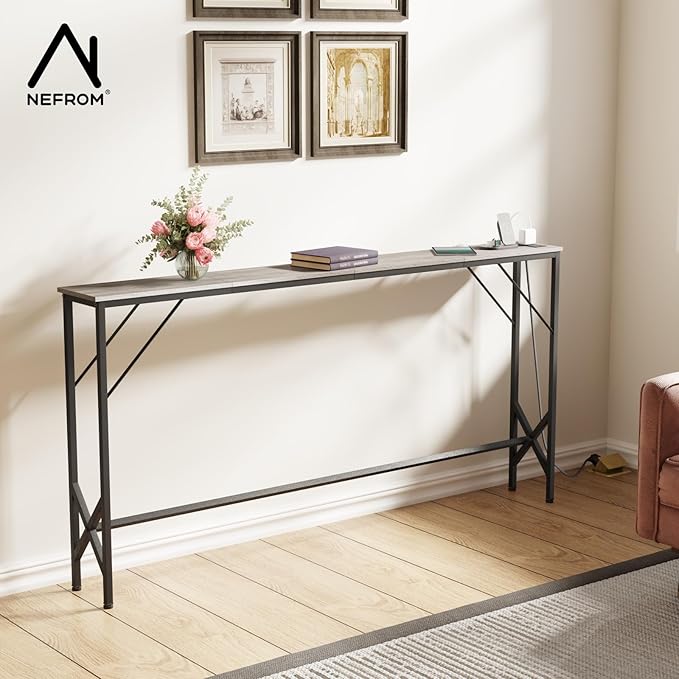 63'' Console Table, Skinny Entryway Table with Fast-Charging Station, Narrow Long Sofa Table, Behind Slim Couch Table for Entrance, Hallway, Living Room Decor ST-GY160-1-Ruum Studio Home