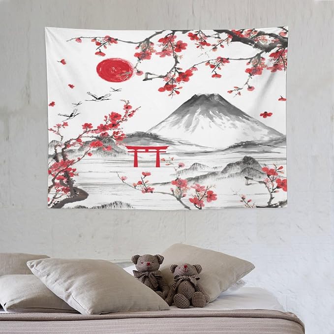 Red Cherry Blossoms Tapestry, Japanese Fuji Mountain Tapestry, Asian Japanese Wall Tapestry, Nature Landscape Tapestries for Bedroom Living Room Decor 40"x30"-Ruum Studio Home