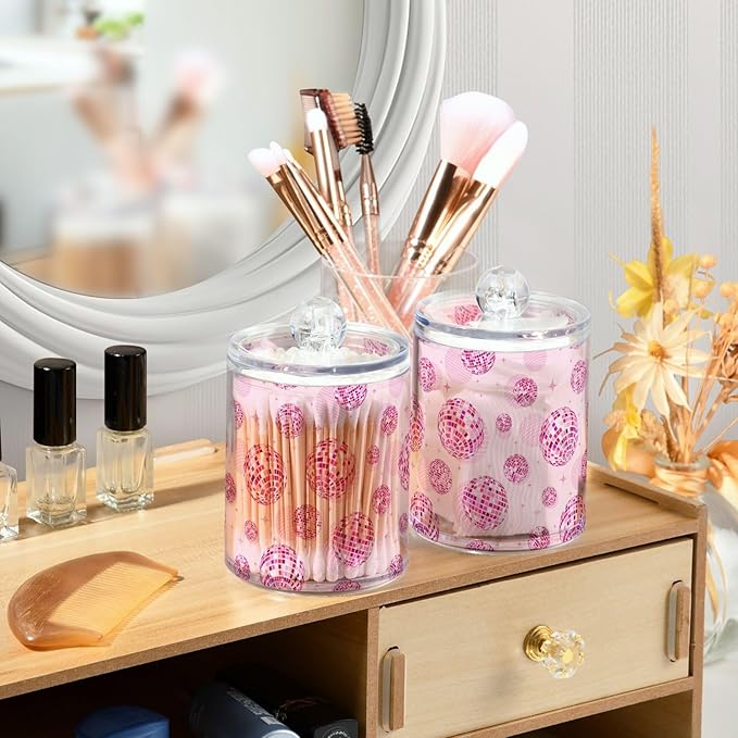 2 Pack Qtip Holder Organizer Dispenser Disco Balls Pink Bathroom Storage Canister Cotton Ball Holder Container for Cotton Pads/Swabs/Floss-Ruum Studio Home