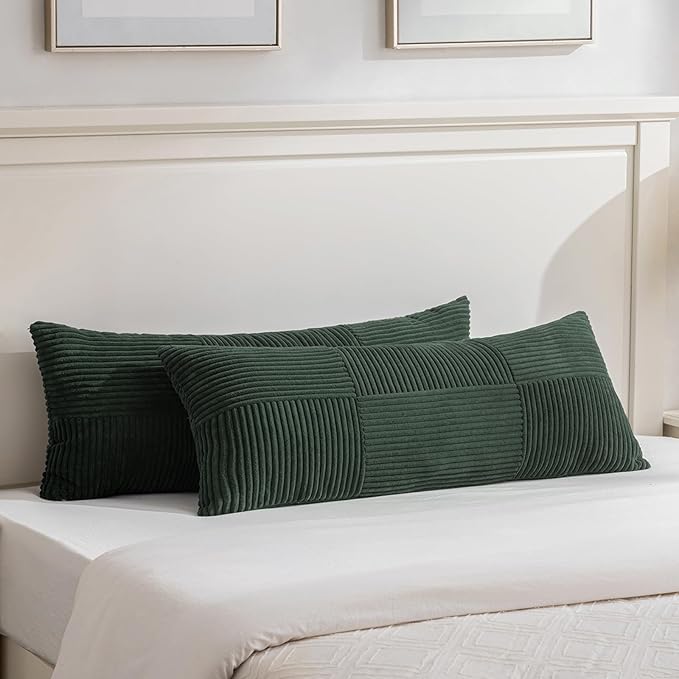 Fancy Homi Set of 2 Dark Green Boho Long Lumbar Body Decorative Throw Pillow Cover 14x36 Inch for Bed Couch Bedroom Bench, Soft Patchwork Corduroy Textured Pillow Case, Rustic Farmhouse Room Decor-Ruum Studio Home
