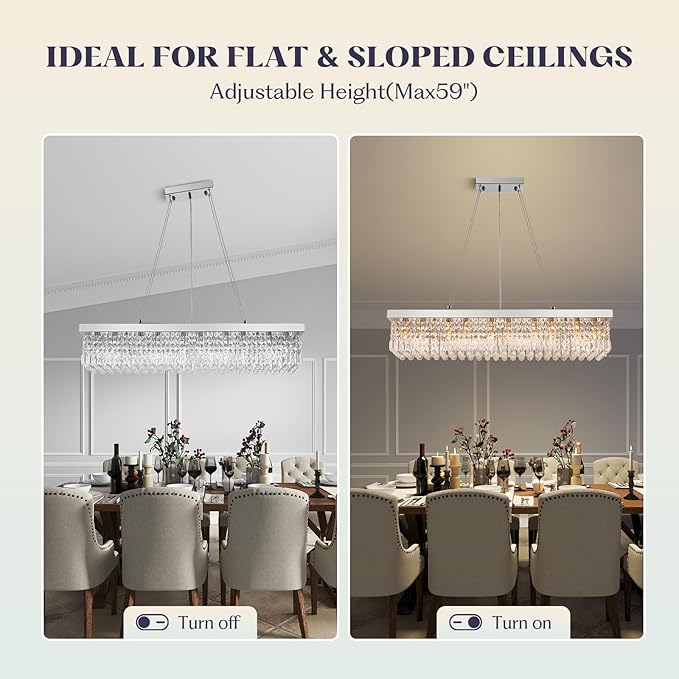 Rectangle K9 Crystal Chandelier,10 Lights Modern Rectangular Hanging Ceiling Pendant Light Fixture for Dining Room Kitchen Island,Polished Chrome Finish L47''xW10''xH10''-Ruum Studio Home