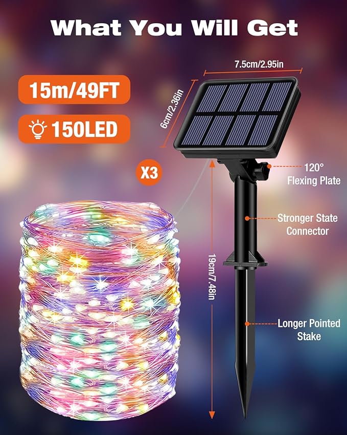 3 Pack Solar Fairy Lights for Outside Waterproof, 49FT/15M 150LED Solar String Lights Outdoor 8 Modes Solar Twinkle Lights for Garden Yard Christmas Tree Wedding Party Decor, Multicolor-Ruum Studio Home