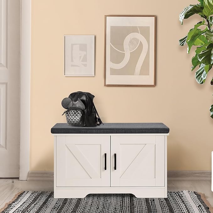 2-Tier Storage Bench, Shoe Bench with Padded Seat Cushion, Entryway Bench with 2 Barn Doors, Adjustable Shelf, 13.8" D x 27.6" W x 17.7" H, for Entryway, Living Room, Bedroom, White-Ruum Studio Home