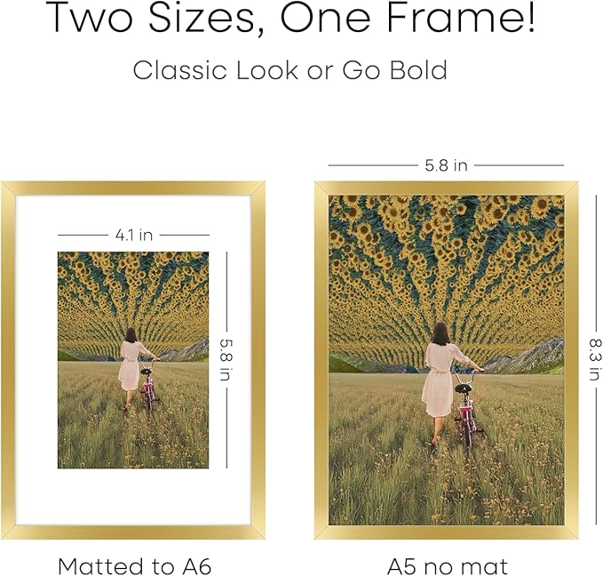Homeforia A5 Picture Frame Gold, High End Metal 5.8 x 8.3 Frames Matted to 4.1 by 5.8 inch Photo, A5 Frame with Mat A6, 5.8x8.3 Poster Frames, 8.3x5.8 Display Frame, Tempered Glass, Wall Kit, Set of 1-Ruum Studio Home