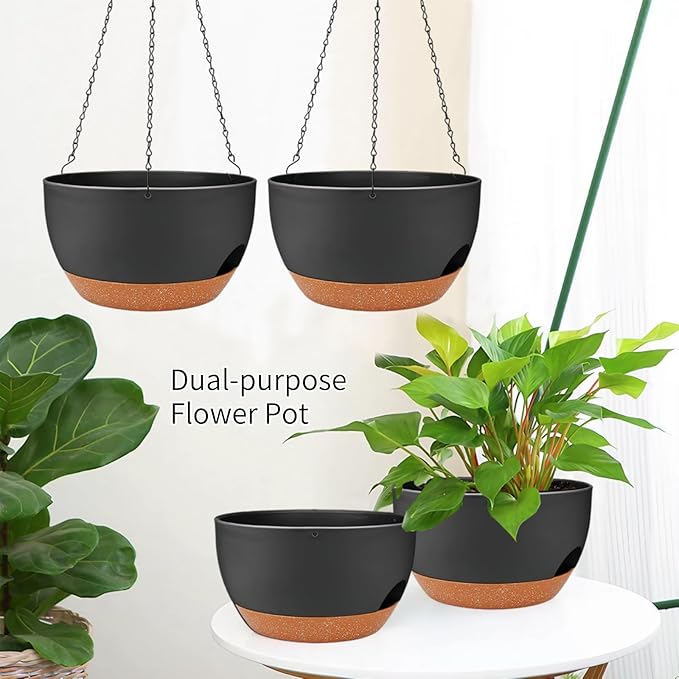 2 Pack Hanging Planters for Indoor Outdoor Plants, 12 Inch Self Watering Hanging Pot with Drainage Holes and Saucer, Plastic Plant Pots, Black Brown Flower Pots for Kitchen, Balcony, Garden-Ruum Studio Home