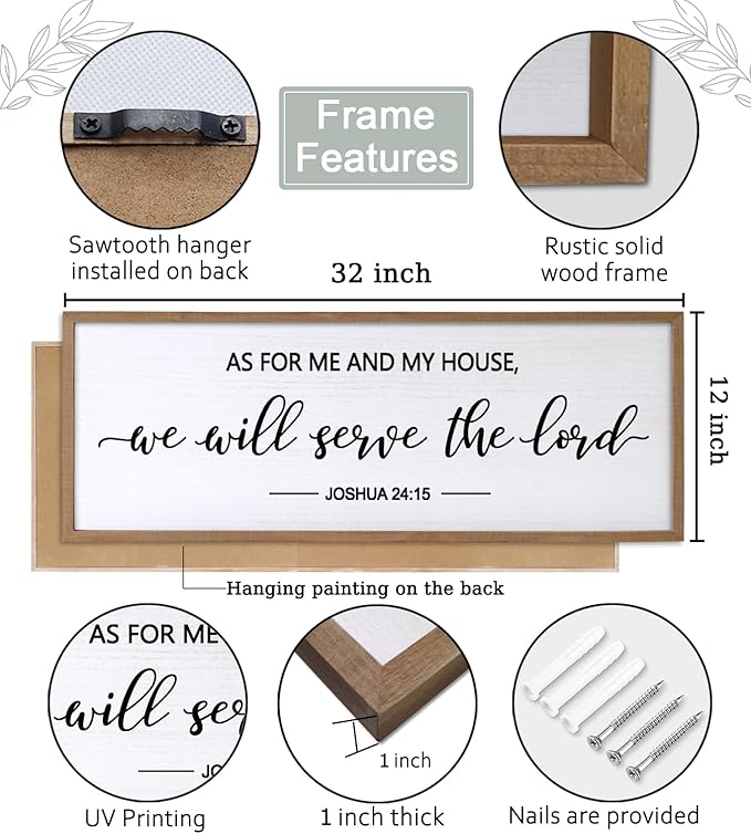 As For Me And My House We Will Serve The Lord Framed Wall Art, 32''×12'' Horizontal Positive Religious Rustic Bible Verse, Vintage Holy Catholic Scripture Decor for Christian God Jesus Christ Prayer-Ruum Studio Home