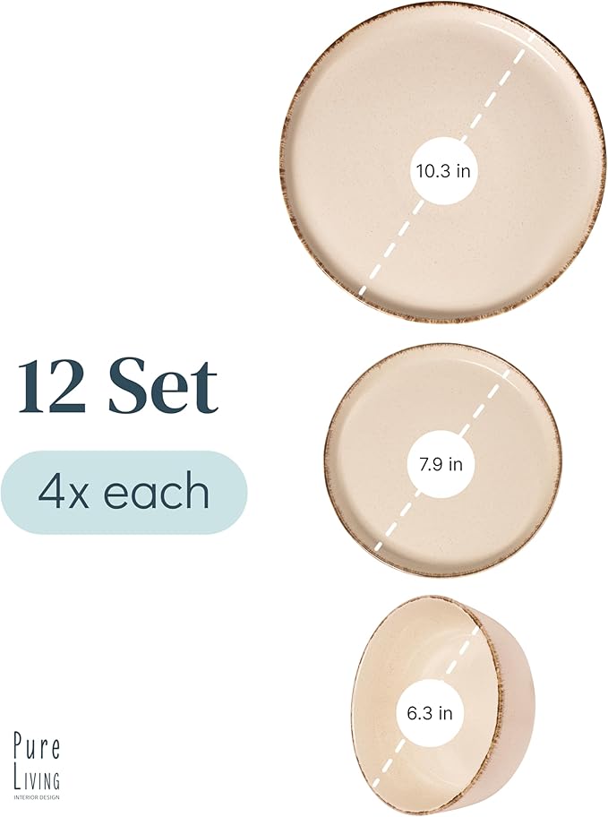 Stoneware dinnerware set 4 persons Rustic 12 pcs - Rustic design dinnerware set, dishwasher safe - Bowl and plate set - Pure Living dinnerware in beige…-Ruum Studio Home