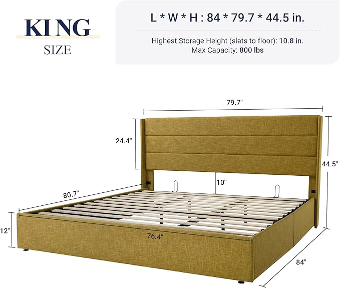 Allewie King Size Lift Up Storage Bed, Modern Wingback Headboard, Hydraulic Support, No Box Spring Needed, Olive Yellow-Ruum Studio Home