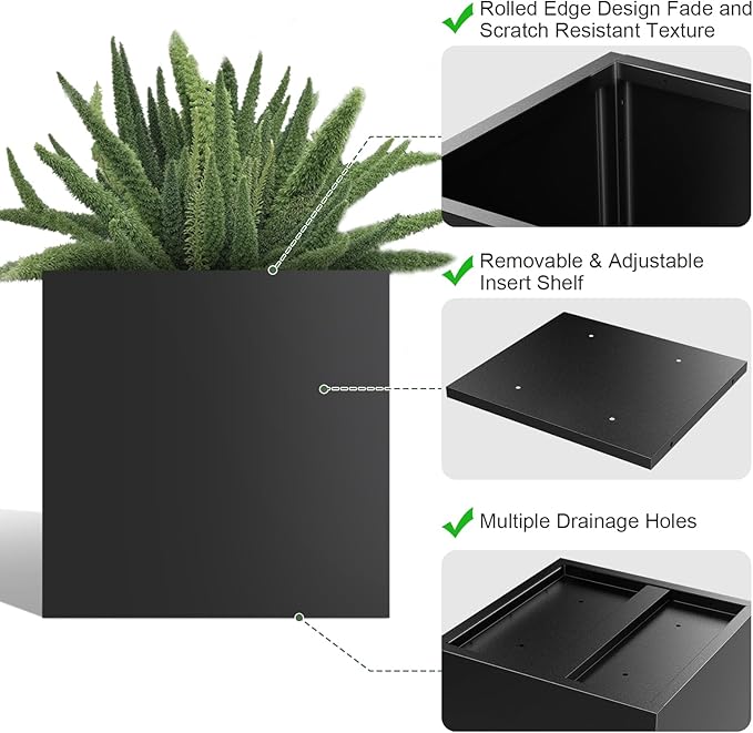 Tall Metal Cube Planter for Outdoor Plants 20" L x 20" W x 20" H, Heavy Duty Steel Rectangular Planter Box with Removable Insert Shelf, Modern Décor for Outside, Indoor, Garden (Black)-Ruum Studio Home