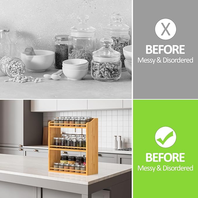 Bamboo Spice Rack Organizer, 3 Tier Spice Jars Shelf for Kitchen Countertop or Wall Mounting-Ruum Studio Home