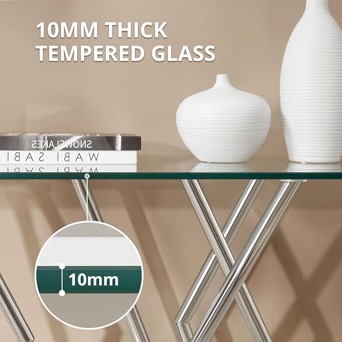 43.3" Glass Modern Console Table, Sturdy Silver Entryway Table with Stainless Steel Base, Rustic Entrance Table, Minimalist Narrow Tables for Living Room & Office-Ruum Studio Home