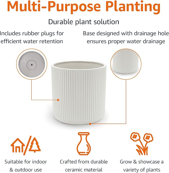 Amazon Basics Fluted Ceramic Round Planter, 10 in, White-Ruum Studio Home