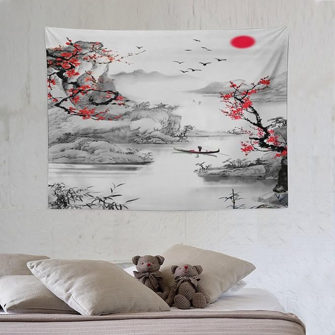 Cherry Blossoms Tapestry, Japanese Red Landscape Watercolor Abstract Art, Asian Japanese Wall Tapestry, Nature Landscape Tapestries for Bedroom Living Room Decor 40"x30"-Ruum Studio Home