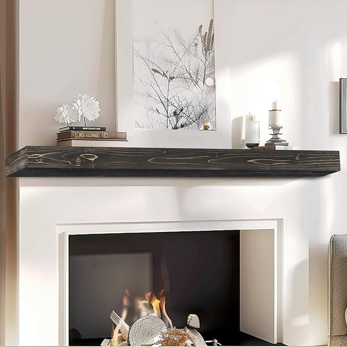 72x8x3 Fireplace Mantel - Handcrafted Hollow Rustic Solid Wood Wall Mounted Floating Shelf with Invisible Heavy Duty Wood Bracket (Weathered Black)-Ruum Studio Home