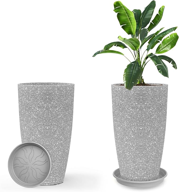 Tall Flower Pot Indoor - Outdoor Plant Pot - Gray Rough Planter - Elegant Stone Imitation - 12" Diameter 21" Tall with Drainage Holes and Saucer-Ruum Studio Home