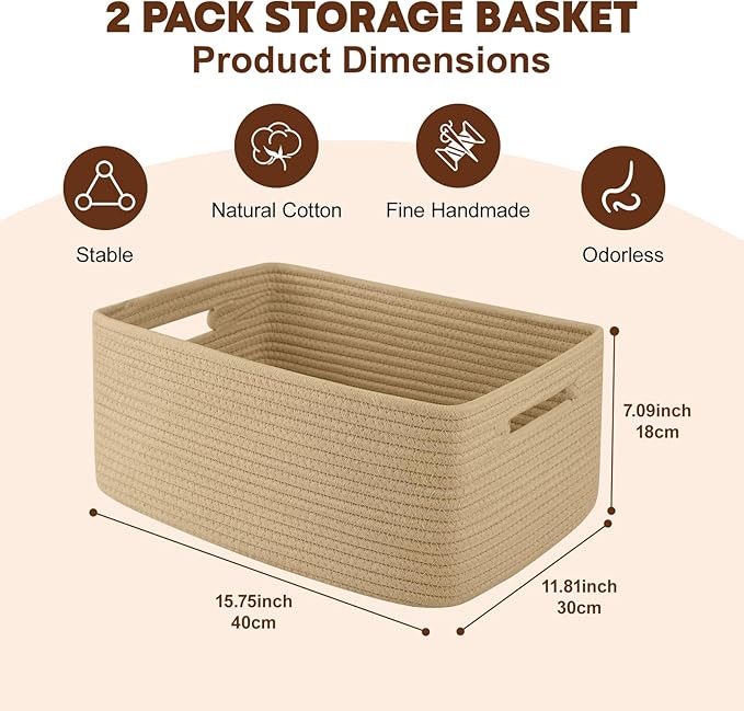 OIAHOMY Storage Basket for Shelves, Closet Cube Storage Bins Baskets for Clothes Blanket Towels, Baby Nursery, Toy Baskets Box, Woven Rope Basket, 17.72*12.99*7.87 IN, 2 Packs Jute Yellow-Ruum Studio Home