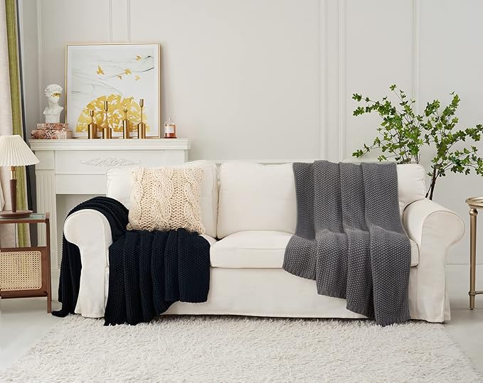 Longhui bedding Chunky Cable Knit Throw Blanket Lightweight Grey 100% Organic Cotton Blanket for Sofa Couch Bed Baby Nursery, Rustic Shabby Chic Modern Farmhouse, Gray 60” x 80” Give Laundering Bag-Ruum Studio Home