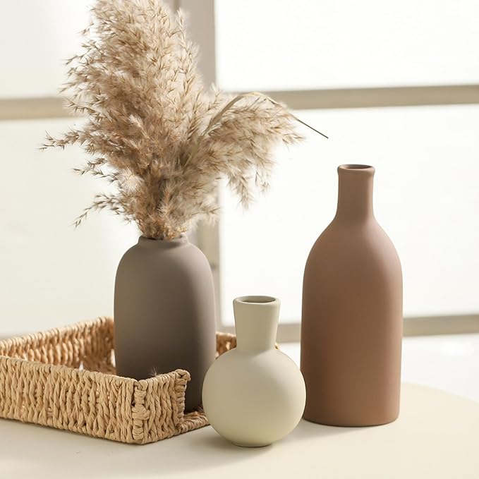 Ceramic Vases Set of 3, Modern Neutral Rustic Farmhouse Home Decor Pottery Pampas Decoration for Living Room, Table, Bathroom, Bedroom, Entryway - Brown-Ruum Studio Home