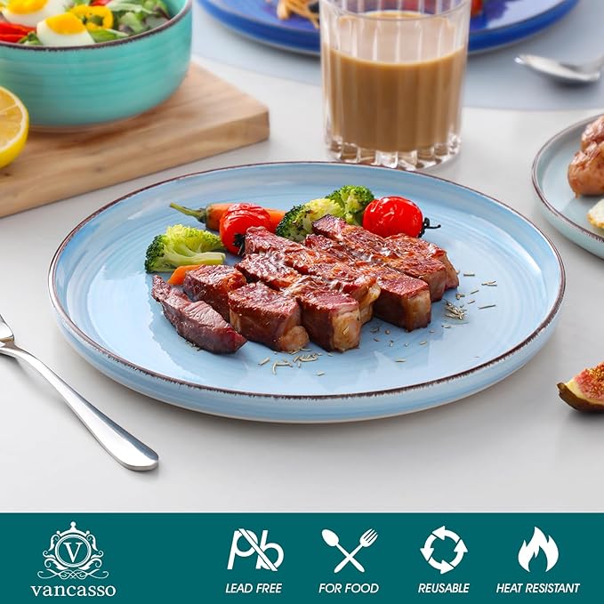 vancasso Bonita Blue Dinnerware Sets, Plates and Bowls Set for 4, 12 Pieces Stoneware Dinnerware Set, Dishwasher and Microwave Safe-Ruum Studio Home