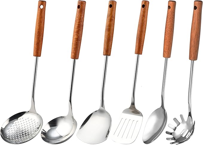 FJNATINH Stainless Steel Kitchen Utensils Set with Wood Handle Nonstick Stainless Steel Cooking Utensils Set with Turners,Spatula,Ladle,Skimmer,Solid Spoon,Pasta-Ruum Studio Home