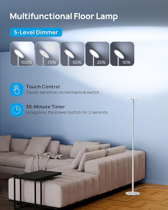 TROND Floor Lamp, LED Torchiere Uplight Lamp, 5 Brightness Aluminum Modern Standing Light, 5500K Natural Daylight, 5000 lm, 71in Tall, 30 Mins Timer, Detachable, for Office Living Room Bedroom, Silver-Ruum Studio Home