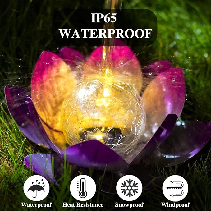 Solar Light Outdoor(2Pack), Art Crackle Globe Glass Lotus Decoration, Solar LED Waterproof Purple Metal Flower Lights for Patio,Lawn,Walkway,Tabletop-Ruum Studio Home