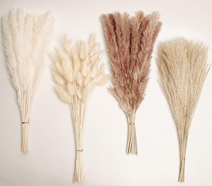 Natural Dried Pampas Grass Decor, 100 PCS Pampas Grass Contains White Bunny Tails Dried Flowers, Reed Grass Bouquet for Wedding Boho Flowers Home Table Decor, Rustic Farmhouse Party-Ruum Studio Home