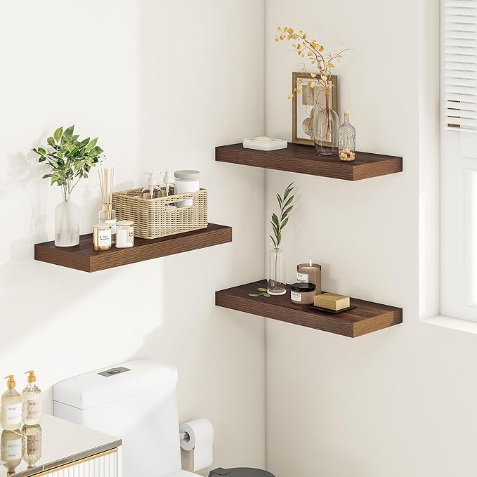 Wide Floating Shelves for Wall 12 Inch Deep, 24" X 12" X 2" Floating Shelf, 2 Inch Thick Shelf for Bathroom Bedroom Kitchen Book Room, Heavy Duty 55lbs Shelves for Farmhouse Decor Set of 2, Walnut-Ruum Studio Home