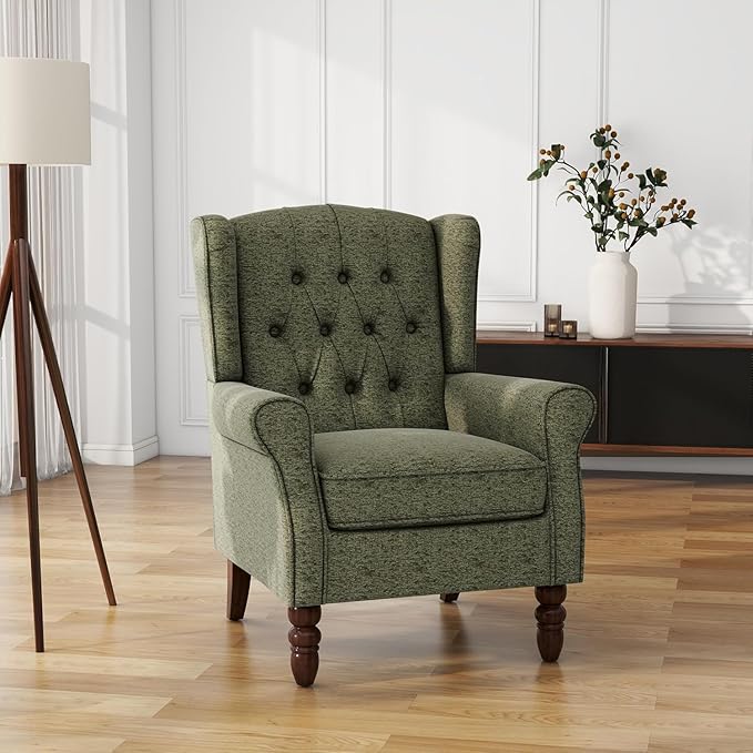 UIXE High Back Accent Chairs Set of 2, Upholstered Armchair in Fabric for Living Room, Retro Wingback Arm Chair Comfy Single Sofa Bedroom Reading Seat with Solid Wood Legs - Green-Ruum Studio Home