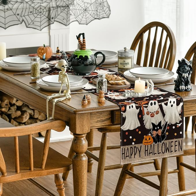 Artoid Mode Ghost Jack-O'-Lantern Black Cat Halloween Table Runner,Holiday Kitchen Dining Table Decoration for Home Party Decor 13 x 108 Inch-Ruum Studio Home