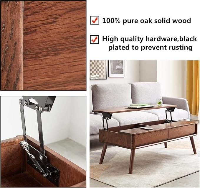 Solid Oak Wood Lift Top Coffee Table for Living Room, Mid Century Modern Tables with Drawers and Large Storage, Coffee Tables for Small Spaces (Oak Walnut Color, 39.37" W x 21.65" D x 25.59" H)-Ruum Studio Home