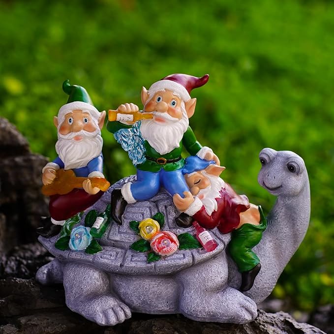 Upgraded Size Solar Garden Outdoor Statues Three Gnomes having party on turtle with 7 LED Solar Figurine for Lawn,Patio,Balcony,Yard Decor Unique Housewarming Gift, for grandfather, Father,Grandma,Wen-Ruum Studio Home