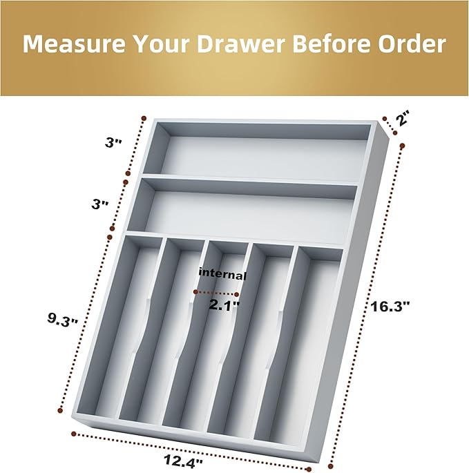 Silverware Organizer 13 Inch Gray Bamboo Kitchen Drawer Organizer 7 Slots Utensil Organizer Silverware Holder Cutlery Organizer Flatware Tray (Large)-Ruum Studio Home