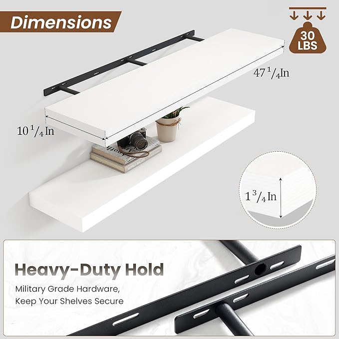 Heimlove 48" White Floating Shelves for Wall,10 Deep Rustic Wood Display & Storage Wall Shelves with Heavy Duty Brackets for Bathroom,Bedroom,Kitchen,Living Room,Office,Set of 2-Ruum Studio Home