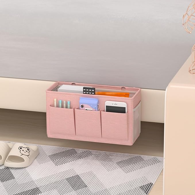 Dual-purpose Bedside Caddy Bedside Organizer, Bed Caddy with 6 Pockets, Versatile Bedside Storage Solution Magazine Remotes holder, ideal for Home, Dorm, Hospital, Crib Bed (Pink)-Ruum Studio Home
