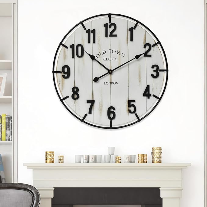 Large Old Town Farmhouse Wall Clock – 24 Inches Rustic Antique Wood with Metal Circle and Large Numerals, Silent Battery Operated Clock for Office, Kitchen, Bedroom, Living Room (Washed White)-Ruum Studio Home