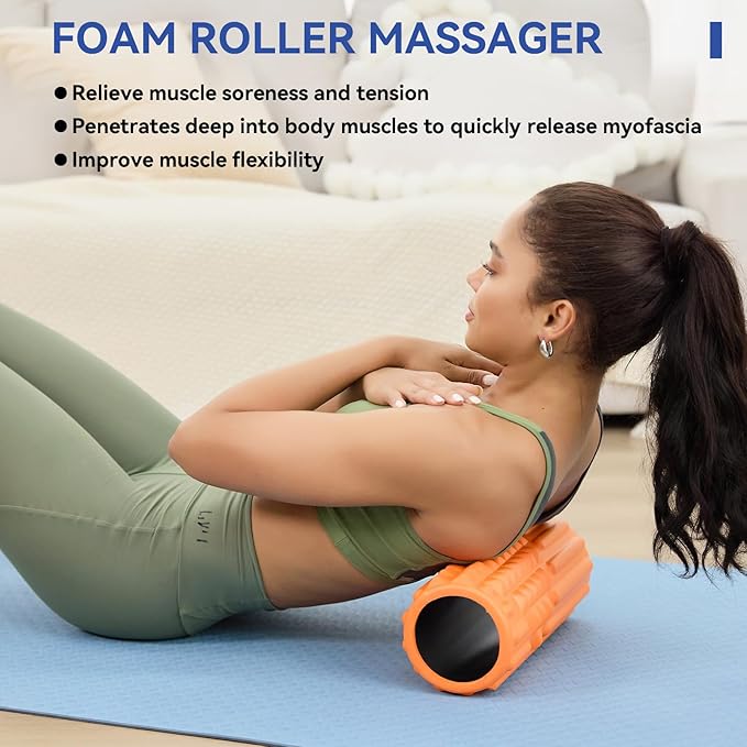 5 in 1 Foam Roller Set - Deep Tissue Foam Roller, Muscle Roller Stick, Massage Ball, Resistance Band for Physical Therapy & Deep Tissue Muscle Massage (Orange)-Ruum Studio Home