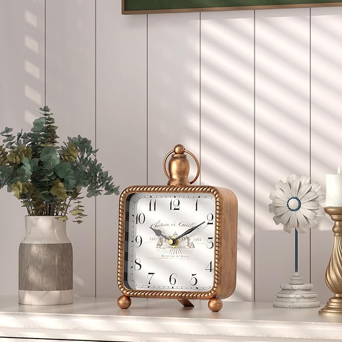 Vintage Gold Table Clock on Stand, Desk and Shelf Decor Clock, French Rustic Style Non-Ticking Mantel Clocks for Farmhouse, Living Room, Bedroom, Bedside, Gift (8.5" H x 5.5" W)-Ruum Studio Home