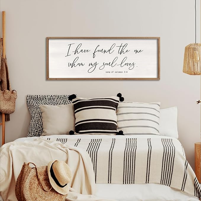 I Have Found The One Whom My Soul Loves Sign Wall Art Decor 32"x12" Modren Master Bedroom Above Bed Wood Framed Song of Solomon 3:4 Large Living Room Bible Verse Wall Hanging (Wood)-Ruum Studio Home