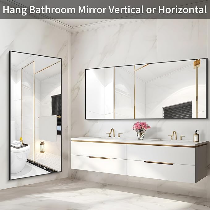 36x72inch Bathroom Mirror, Black Rectangle Mirror with Thin Metal Frame, Large Rectangular Wall Mirrors for Bathroom, Living Roomm, Hair Salon, Big Farmehouse Mirror Hang Horizontal/Vertical-Ruum Studio Home