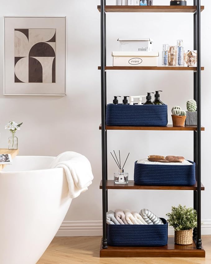 Small Woven Basket, 13.5 x 9.5 x 5 Inches, Storage Basket for Organizing, Cute Small Rope Shelf Closet Cube Storage Bins Baskets for Shelves, Dog Toy Gift Baskets Empty, 3 Packs, Navy Blue-Ruum Studio Home