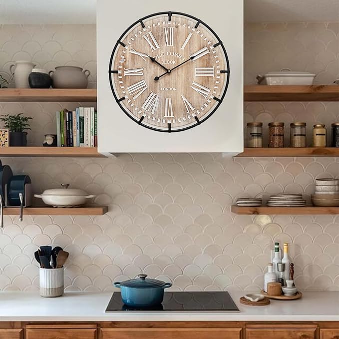 24 Inch Grand Farmhouse Wall Clock, Vintage-Inspired Wood & Metal Design with Large Etched Numbers, Silent Battery-Powered Timepiece for Offices, Kitchens, Bedrooms, and Living Rooms-Ruum Studio Home
