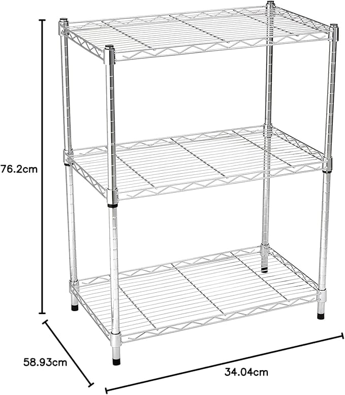 Amazon Basics 3-Shelf Adjustable Heavy Duty Steel Wire Rack Storage Shelving Organizer for Kitchen, Garage, 23.2" L x 13.4" W x 30" H, Chrome-Ruum Studio Home